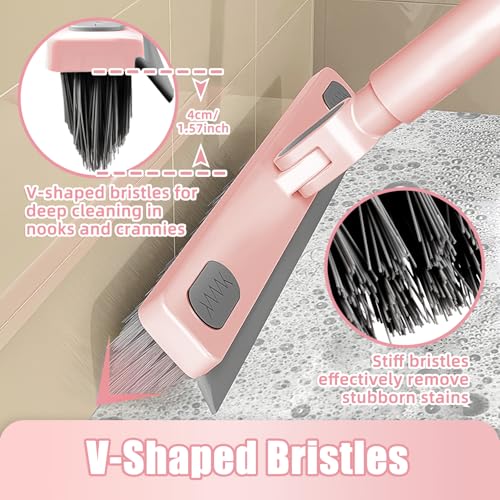 Floor Scrub Brush With Squeegee, Grout Brush With Telescopic Long Handle, V-Shape Floor Scrubber With Scrape Stiff Bristle for Shower Tile Grout Cleaning, Kitchen Bathroom Baseboard Deck Tool