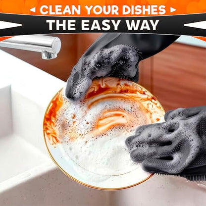 ALPENKOK Silicone Dishwashing Gloves with Scrubber – Non-Slip Silicone Gloves for Washing Dishes | Household Use - color: Black
