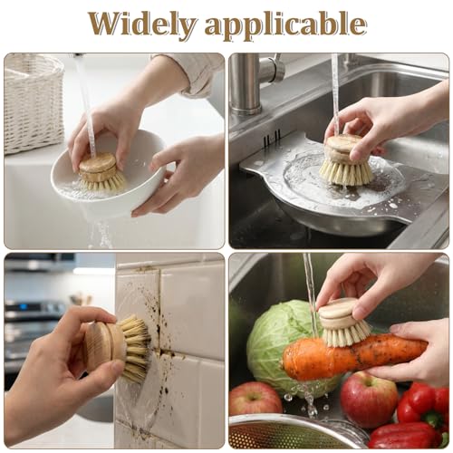6 Pcs Bamboo Dish Brush Replacement Heads, 1.9 x 1.6 Inch Natural Sisal Bristle Scrubber Wooden Kitchen Dish Brushes for Pots, Pans, Bowls, Dishes Cleaning