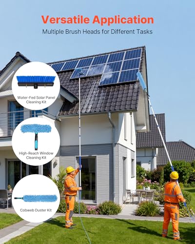 VEVOR Solar Panel Cleaning Kit, 20 ft, Water Fed Pole Kit with Cleaning Brush, Soap Dispenser, Extendable Aluminum Telescopic Pole, 180° Rotatable Brush Head, for Roof Mounted Solar Panels, Windows - size: 20 Ft