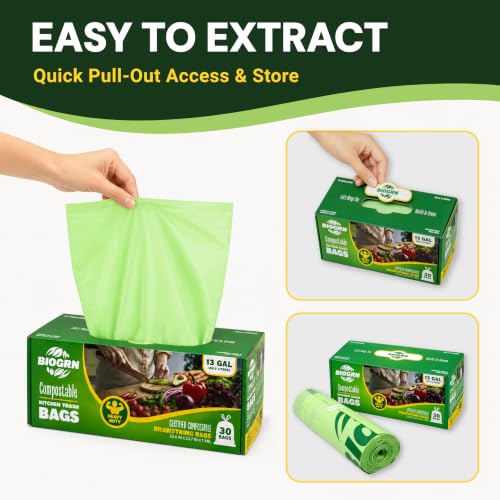 10-13 Gallon Compostable Trash Bags Drawstring 30 Bags Heavy Duty Extra Thick 1 Mil 49.21 Liter Biodegradable Trash Bags Compost Bags Green for Kitchen ASTM D6400 US BPI and OK Compost Home Certified - color: 13 Gal, Drawstring Bags, 30 Count