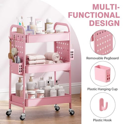 KINGRACK 3 Tier Rolling Cart with DIY Pegboard, Metal Utility Cart with Wheels, Hooks & Baskets, Sturdy Storage Organizer for Craft, Bathroom, Kitchen, Office, Nursery, Classroom(Pink) - color: Pure Pink