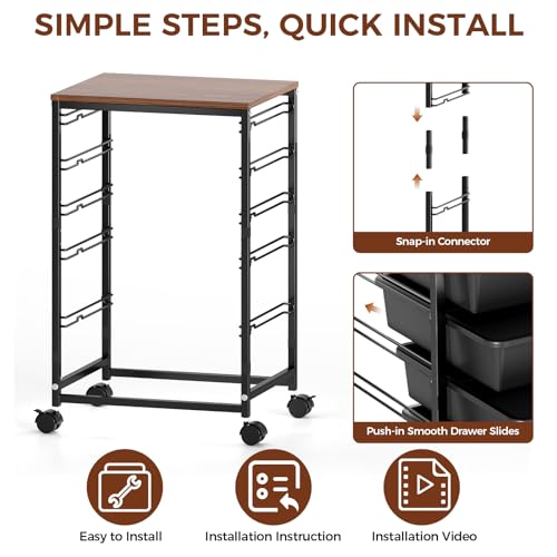 SYKIARIOL 5-Tier Rolling Utility Storage Drawer Craft Cart on Wheels with Wooden Tabletop, Mobile Craft Storage Drawer Cart Trolley for Home Office, Classroom, Craft Room & Kid Room, Black - color: Black