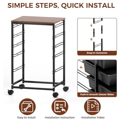 SYKIARIOL 5-Tier Rolling Utility Storage Drawer Craft Cart on Wheels with Wooden Tabletop, Mobile Craft Storage Drawer Cart Trolley for Home Office, Classroom, Craft Room & Kid Room, Black - color: Black