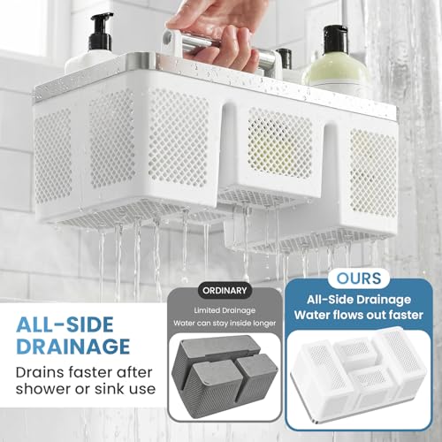 BYUNER 2Pack Plastic Shower Caddy: Portable Shower & Bathroom Caddy Tote with Handle, 4 Divided Compartments, Hard Plastic Shower Basket with All-Side Drainage for College Dorm Room Essentials - color: 2pc White/Silver