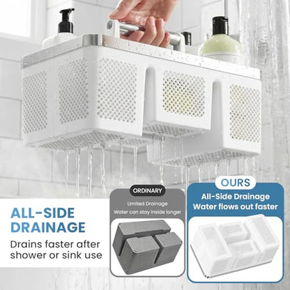 BYUNER 2Pack Plastic Shower Caddy: Portable Shower & Bathroom Caddy Tote with Handle, 4 Divided Compartments, Hard Plastic Shower Basket with All-Side Drainage for College Dorm Room Essentials - color: 2pc White/Silver