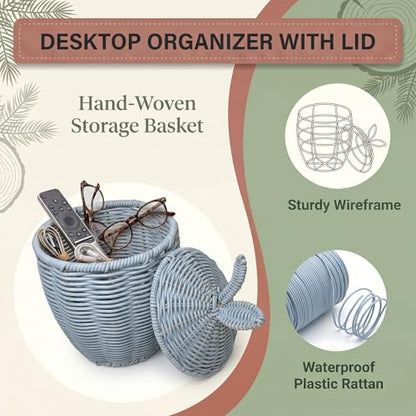 Plastic Rattan Basket with Lid,Waterproof Toilet Paper Storage Basket,Makeup Baskets Decor for Bathroom,Boho Decorative Organizer for Shelf,Living Room,Table,Bedside,Pet Room Container