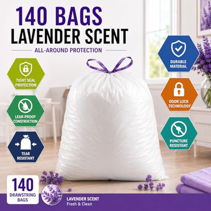 13 Gallon Tall Kitchen Trash Bags, 140 Count Lavender Scented | Drawstring Closure Odor Control Leak Resistant Tear Resistant Easy Tie Handles