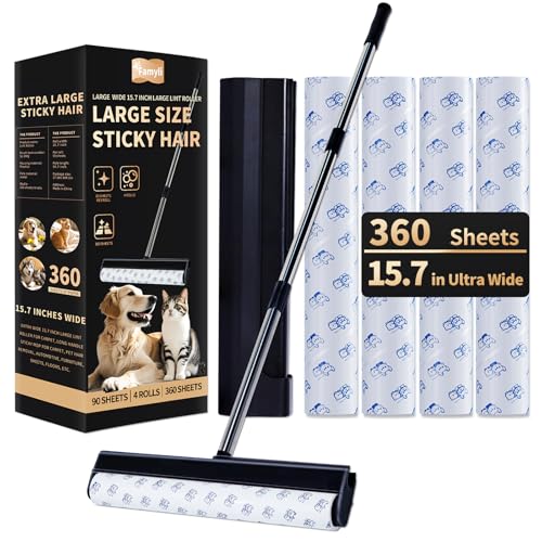 Large Lint Rollers for Carpet, 15.74 in Extra Sticky Rollers for Floor with 4 Extendable Handle, Long Handle Sticky Mop for Cleaning Carpet, Car, Clothes,Dog and Cat Pet Hair Remover with 360 Sheets