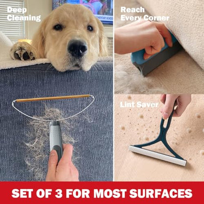 Pet Hair Removal Tools (3-Pack), Dog Cat Hair Remover Pro, Lint Shaver Cleaner, Fur Removal Carpet Scraper, Fuzz Hairball Brush for Carpet, Car Mat, Clothes, Couch, Pet Bed, Cat Tree, Furniture
