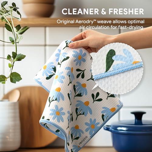 RECYCO Waffle Kitchen Towel Set of 2 - Quick Dry Microfiber Sustainable Dish Towels - Ultra Absorbent Reusable Cleaning Tea Towels - Lightweight Hand Towels,16”x 28”, Daisy Dreams - color: Daisy Dreams