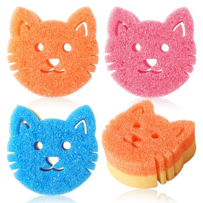 3 Pack Cute Cat Dish Sponge, Dual-Sided Cleaning Reusable Scrubbing Sponges for Dishes, Cat Kitchen Accessories Dishwashing Sponge Scrubbers Kitchen Things Car Wash Sponges Non Scratch - color: 3 Pcs Cat