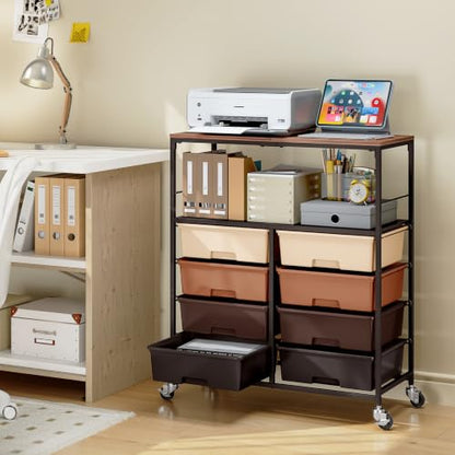 Rolling cart with 8 drawers,Storage drawer cart with wooden tabletop,Lockable wheels organizer for homeschool, arts & crafts, classroom, office & creative spaces (Brown) - color: Brown