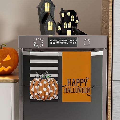 Orange Pumpkin Decor Happy Halloween Kitchen Towels Set of 2-18x26 Inch Fall Dish Towels, Halloween & Thanksgiving Microfiber Absorbent Hand Towels, Seasonal Farmhouse Decor - color: Pumpkin Halloween