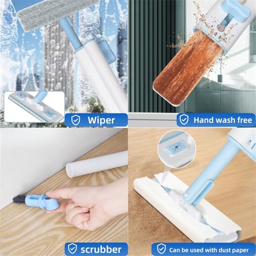 Self-Squeezing Mini mop Hand-Free Small Sponge Cleaning mop Suitable for Desktop, Kitchen, Bathroom, Glass, car, Corners and Other Small Spaces (Sponge 3pcs Squeeze Handle 1pcs) (Blue)
