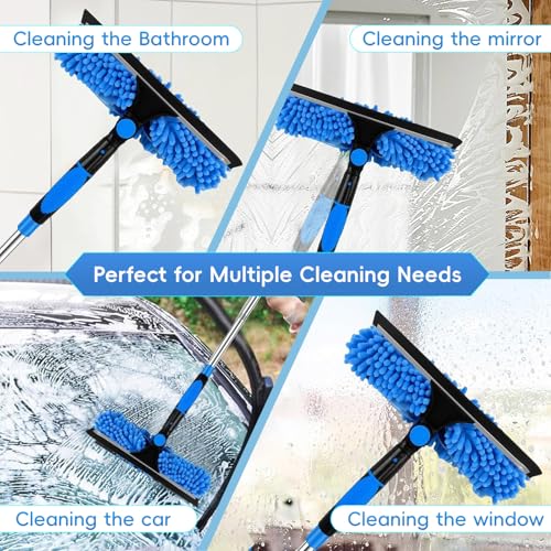 14FT Window Washing Squeegee & Duster with 1-14 ft Spliceable Extension Pole, 2 in 1 Telescopic Window Cleaner Rotatable Window Washing Equipment for High Window, Interior Roof, Car Glass