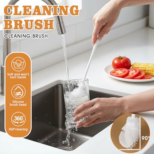 2 PCS Silicone Bottle Cleaning Brush, 360° Flexible Silicone Brush with Long Handle, Soft Petite Cleaner for Baby Bottle, Straw, Jar, Coffee Cup, White