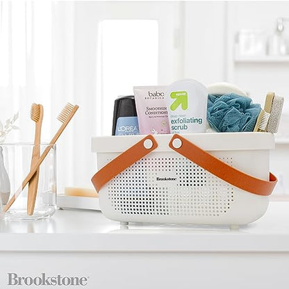 Brookstone Modern Large Portable Shower Caddy with Soft Silicone Carrying Handle, Bathroom Organizer Basket, Plastic Bath Tote and Shower Organizer, Quick Dry Drainage Holes, BPA Free, White - color: White / Cream