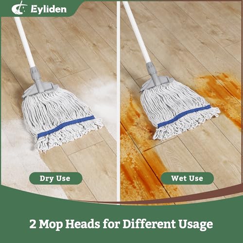 Eyliden Commercial Wet Mop with 2 Cotton Heads | Universal Clips, Heavy Duty Industrial String Mop, for Warehouse Garage Workshop Office Restaurant Hospital