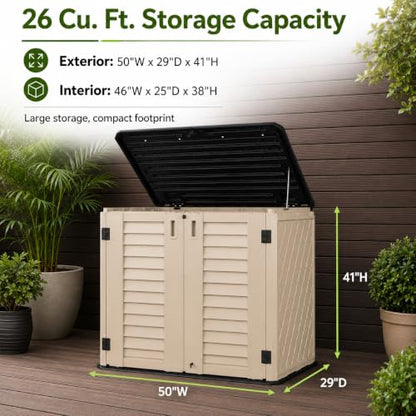 ADDOK 26 Cu.Ft Outdoor Storage Shed with Floor,Large Waterproof Resin Storage Cabinet with Lift-Up Lid,Double Doors and Lockable Design for Lawn Mower,Garden Tools, Patio,Backyard and Pool Supplies - size: 26 Cu.Ft-Brown