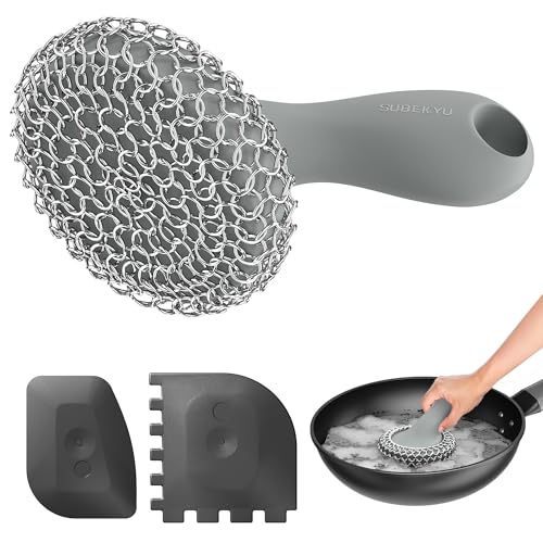 SUBEKYU Cast Iron Scrubber with Silicone Handle, Stainless Steel Skillet Cleaner for Cast Iron Pans (Gray Scrubber + Scraper) - color: Gray Scrubber + Scraper