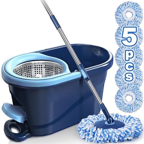 Spin Mop and Bucket with Wringer Set, 360° Rotating Microfiber Mop, Adjustable Handle, Hands-Free Wringing, Reusable Mop Heads (Light Blue mop and Bucket + 5 mop Head) - color: Light Blue Mop and Bucket + 5 Mop Head