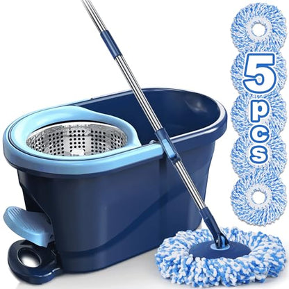 Spin Mop and Bucket with Wringer Set, 360° Rotating Microfiber Mop, Adjustable Handle, Hands-Free Wringing, Reusable Mop Heads (Light Blue mop and Bucket + 5 mop Head) - color: Light Blue Mop and Bucket + 5 Mop Head