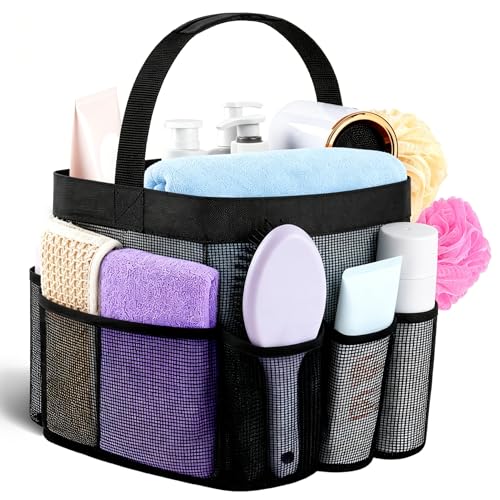Attmu Mesh Shower Caddy Portable for College Dorm Room Camping Essentials, Shower Caddy Dorm with 9-Pockets, Large Capacity Hanging Basket Bathroom Bag for Toiletry, Swimming, Gym, Camp, Beach - color: Black