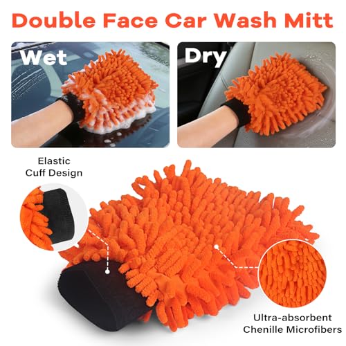 Car Wash Brush with Long Handle,144" Scratch-Free Soft Bristle Car Cleaning Kit with Extension Pole,Microfiber Clean Mop,Window Squeegee,Mitt,Wheel Brush for RV,Truck,SUV,Siding Washing