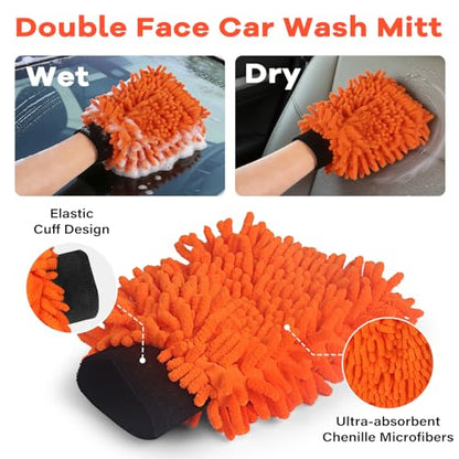 Car Wash Brush with Long Handle,144" Scratch-Free Soft Bristle Car Cleaning Kit with Extension Pole,Microfiber Clean Mop,Window Squeegee,Mitt,Wheel Brush for RV,Truck,SUV,Siding Washing