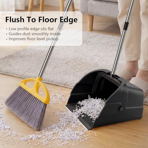 Jumbo Commercial Dustpan with Wheels & Comb Teeth - Heavy Duty 14.2" Rolling Debris Pan - Long Handle Extra Large Upright Dust Pan for Industrial Warehouse Garage Restaurant Sidewalk Outdoor - Black - color: Black