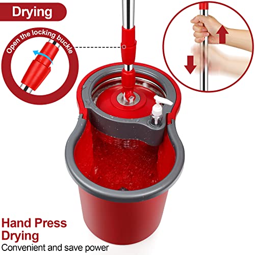 Spin Mop and Bucket with Wringer Set, 360° Spinning Mop Bucket System with 3 Microfiber Mop Replacement Heads, Adjustable Handle for Floor Cleaning (red) - color: Red