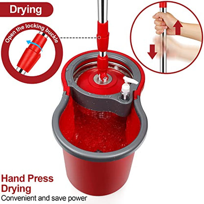 Spin Mop and Bucket with Wringer Set, 360° Spinning Mop Bucket System with 3 Microfiber Mop Replacement Heads, Adjustable Handle for Floor Cleaning (red) - color: Red