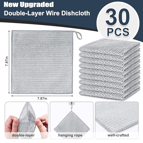 Navona 30 Pcs New Upgrade Steel Wire Dishcloth,Double-Layer Steel Wire Cleaning Cloth,Powerful Cleaning Non-Scratch Wire Dishcloth Rag for Cookware, Sinks, Dishes, Stove Tops - color: 30-pack（double Layer）