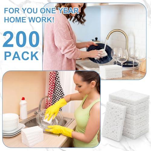 Zhengmy 200 Pieces Sponges Bulk Sponges Kitchen Compressed Sponge Natural Dish Sponge Compressed Wood Pulp Cleaning Without Scratching for Kitchen Bathroom, 3.9 x 2.4 x 0.12 Inch (White) - color: White