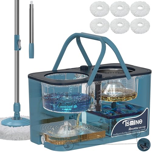 RinseWise Large Gen 1 Spin Mop and Bucket with Wringer, 2 Gal Clean Water Capacity, 4-Chamber Clean & Dirty Water Separation, 4 Swivel Wheels, 61" Handle, 6 Microfiber Heads for Hardwood & Tile Floors - size: Large Gen 1- Blue/Grey+6 Mop Heads