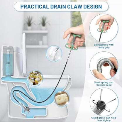 2-in-1 Drain Cleaning Tool Kit, 35" Flexible Plumbing Snake Grabber Tool with Strong 4-Claw & Drain Weasel Hair Remover