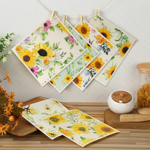 6 - Pack Swedish Kitchen Dish Cloths - Reusable Paper Towels for Counters & Dishes - Eco Friendly Cellulose Sponge Cloth (Sunflower) - color: A2-sunflower