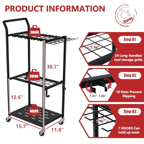 Faesun Garden Tool Organizer with Wheels, Heavy Duty Rolling Yard Tool Rack with 14 Hooks & 5 Slots, 3-Tier Metal Cart Holds 50+ Rakes/Shovels/Brooms, Mobile Lawn Storage for Garage Shed Outdoor - size: Stand-Wheels