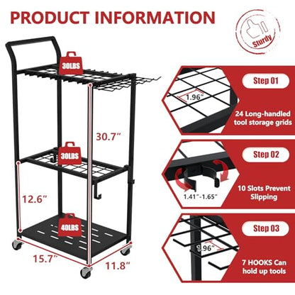 Faesun Garden Tool Organizer with Wheels, Heavy Duty Rolling Yard Tool Rack with 14 Hooks & 5 Slots, 3-Tier Metal Cart Holds 50+ Rakes/Shovels/Brooms, Mobile Lawn Storage for Garage Shed Outdoor - size: Stand-Wheels