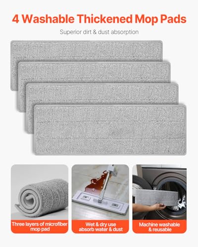 VEVOR Flat Mop, Self Wringing, Microfiber Floor Cleaner with 4 Reusable & Washable Pads for Dry & Wet Floor Cleaning, Microfiber Flat Mop with Stainless Steel Handle for Hardwood Laminate Tile Vinyl - style: Flat Mop with 4 Pads