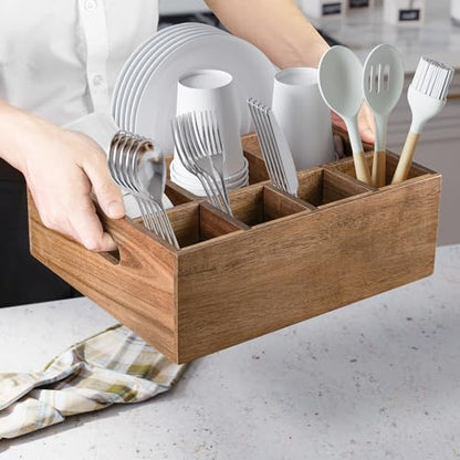 VaeFae Acacia Wood Caddy Organizer, Napkin and Paper Plate Holder, Wooden Utensil Holder, Silverware Caddy for Kitchen, Camping, Party - size: Large