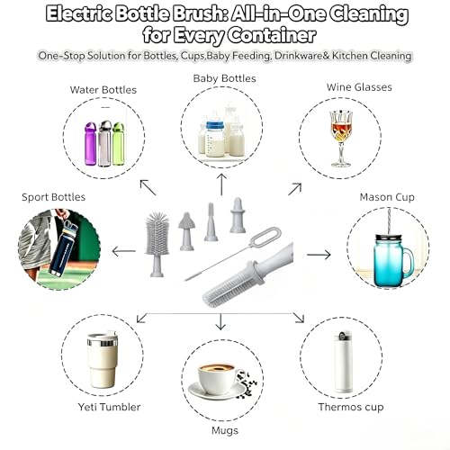 Electric Bottle Brush Set, 6-in-1 Electric Cleaning Brush with Waterproof Silicone Cleaner, 3 Replaceable Brush Heads, Straw Brush & Extension Rod, for Baby Feeding Supplies and Kitchen Utensils - color: Light Grey