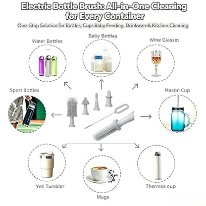Electric Bottle Brush Set, 6-in-1 Electric Cleaning Brush with Waterproof Silicone Cleaner, 3 Replaceable Brush Heads, Straw Brush & Extension Rod, for Baby Feeding Supplies and Kitchen Utensils - color: Light Grey