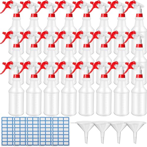 Zubebe 24 Pack 32 oz Plastic Spray Bottle Bulk Empty Leakproof Heavy Duty Spray Bottles for Cleaning Supplies Mist Bottles with Label and Adjustable Nozzle for Plant(Red and White,Clear Scale) - color: Red and White, style: Clear Scale