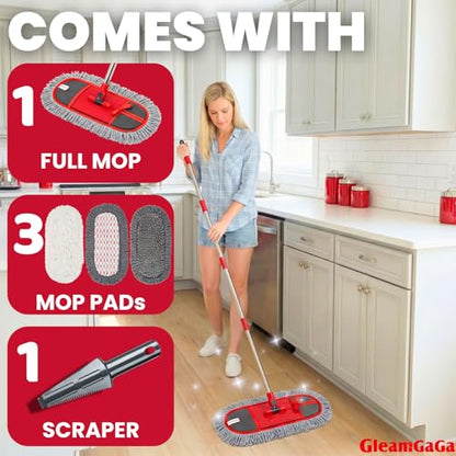 Dust Mop for Floor Cleaning with 3 Washable Pads, 14.4” × 5.1” Flat Mop Head, 62” Stainless Steel Handle, Lightweight Multi-Surface Mop for Hardwood, Marble & Tile