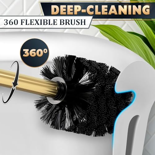 Gold Toilet Brush and Holder Set with Wall Mount - Modern Wall Mounted Toilet Brush Made from Corrosion-Resistant Stainless Steel - Removable Inner Bowl, Splash Protection & Dense Bristles Supplied - color: Gold Wall-mounted