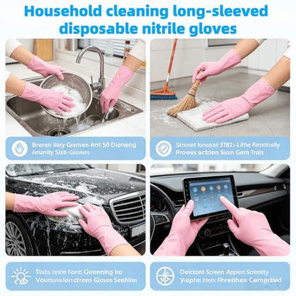 Long Nitrile Disposable Gloves Extended Cuff 16inch Latex-Free Blue Household Kitchen Cleaning Dishwashing 50PCS - color: Pink, size: Medium