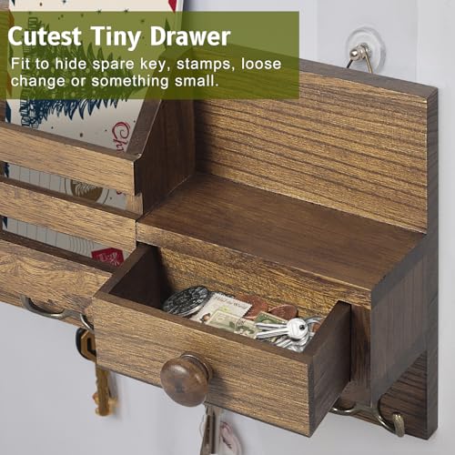 Key Holder Wall Mount, Wooden Adhesive Mail and Key Organizer with Drawer, Small Shelf, 8 Hooks, 2 Installation Methods, Brown - color: Brown