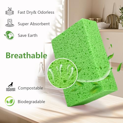 Cleaning and Washing Sponge, 3 Pack Large Extra Thick Heavy Duty Sponge Multi-Purpose for Kitchen Bathroom Bike Boat Car, Natural Cellulose Sponges 4" X 6" X 2" (Green) - color: A-green